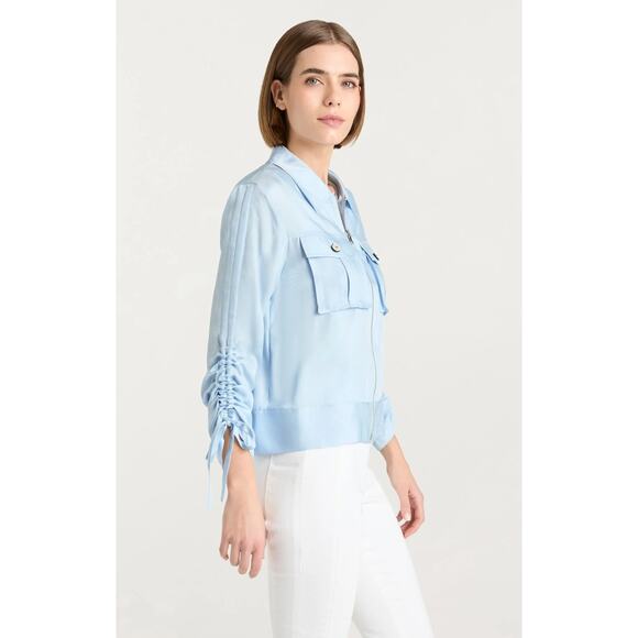 CINQ A SEPT Dale Ruched Sleeve Cupro Blue Satin Jacket - Picture 5 of 9